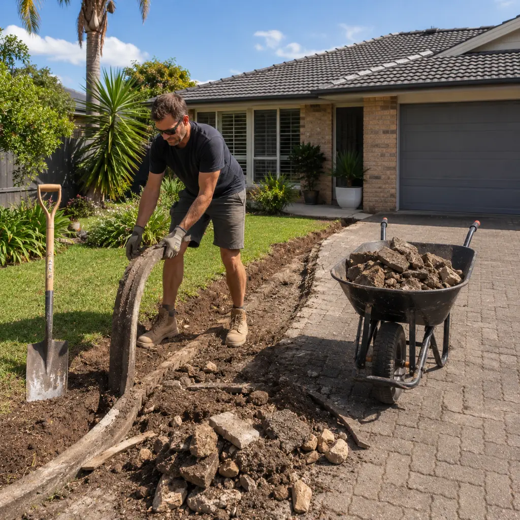 Contractor removing old driveway edging and debris during residential driveway preparation and excavation work.