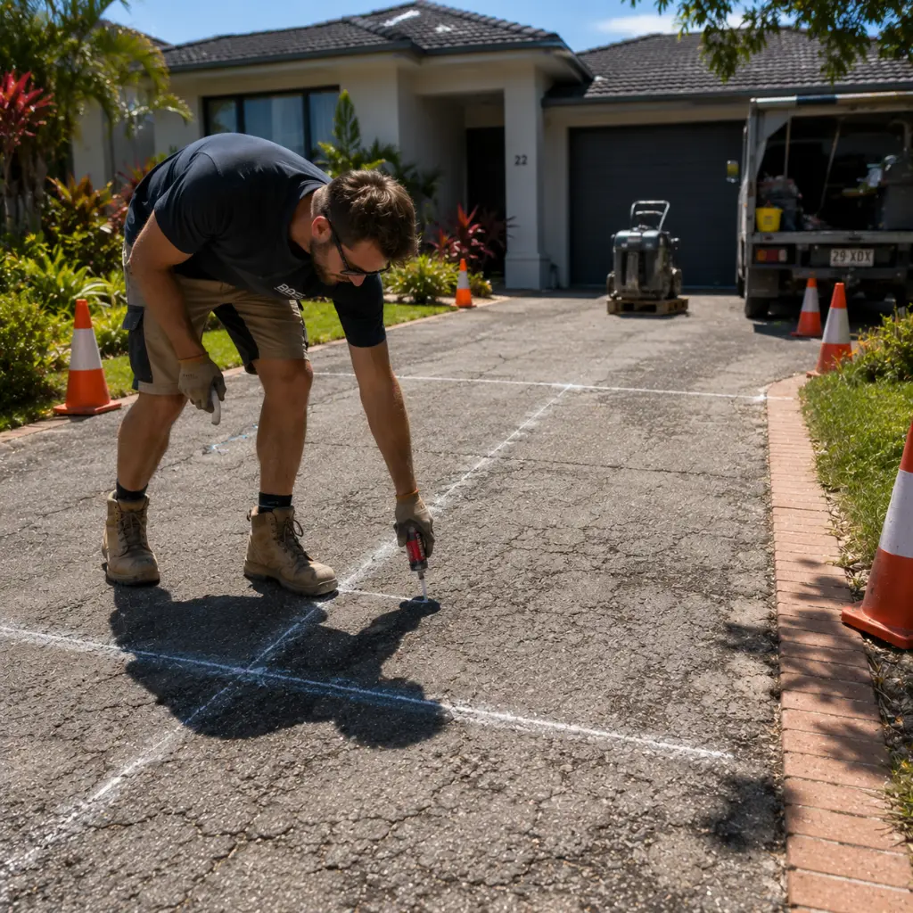 Contractor marking damaged asphalt driveway areas before cutting and removing old pavement sections.