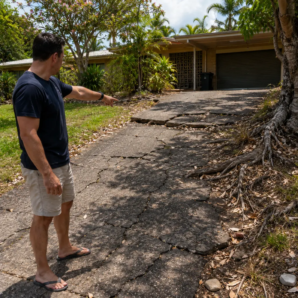 Homeowner pointing at a severely cracked and uneven asphalt driveway damaged by tree roots and age.