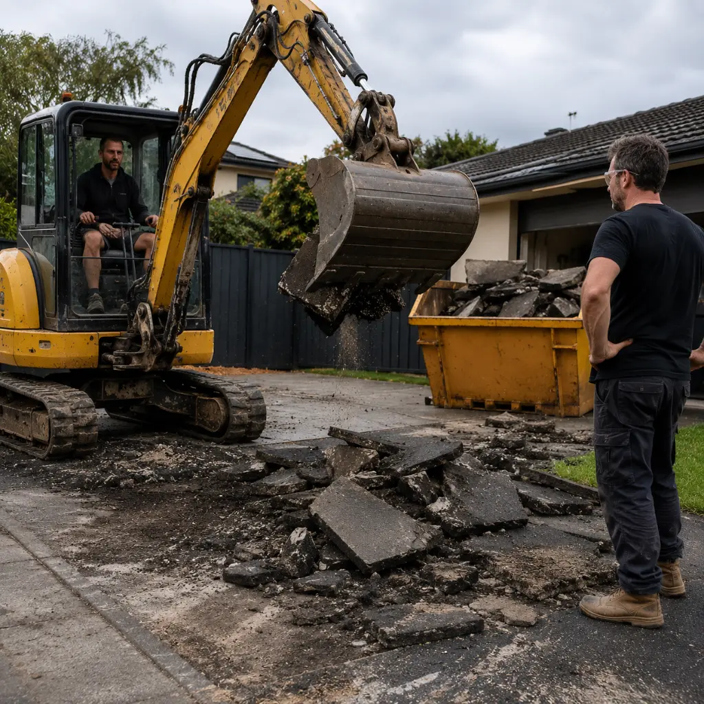 Excavator removing broken asphalt driveway sections during residential driveway demolition and replacement work.