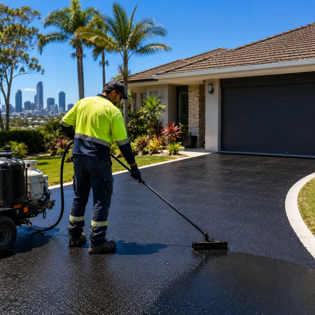Contractor applying fresh seal coating to a curved residential asphalt driveway in a sunny suburban neighbourhood.
