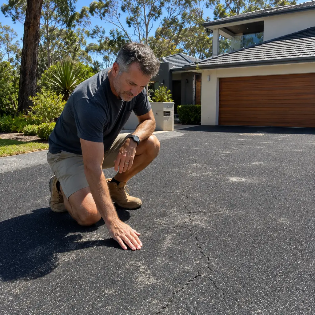 Man inspecting cracks and wear on an asphalt driveway before scheduling resurfacing or resealing work.
