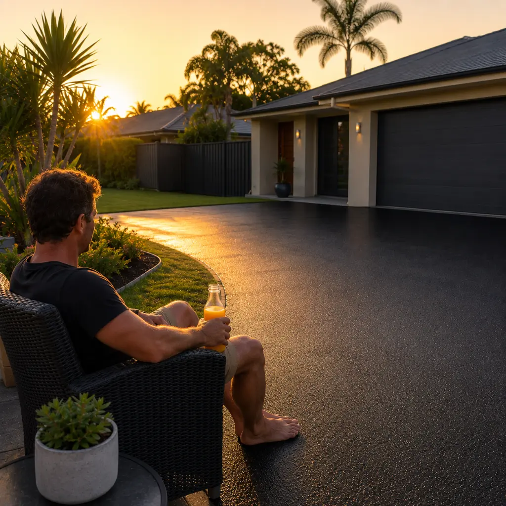 Homeowner relaxing beside a freshly sealed asphalt driveway at sunset outside a modern suburban house.