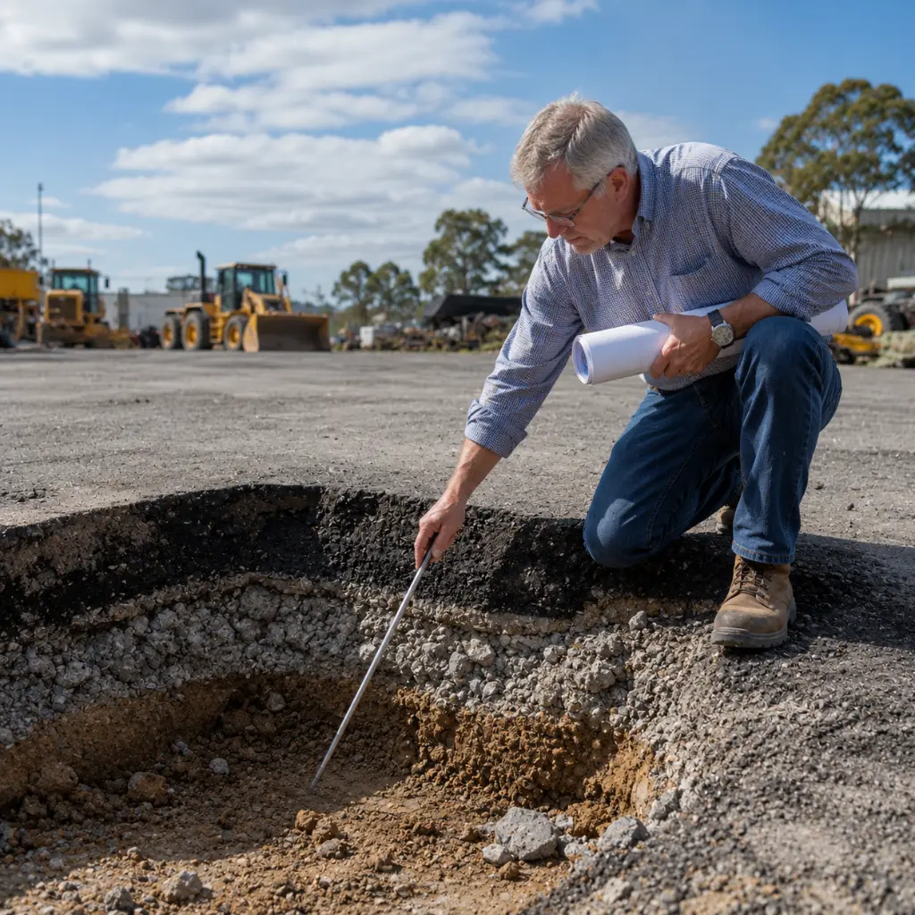 Australian engineer inspecting early alligator cracking across commercial asphalt driveway during assessment