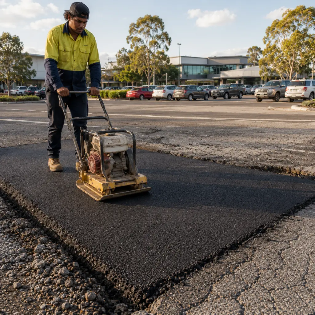 Australian asphalt worker compacting freshly reconstructed pavement after severe alligator cracking repairs