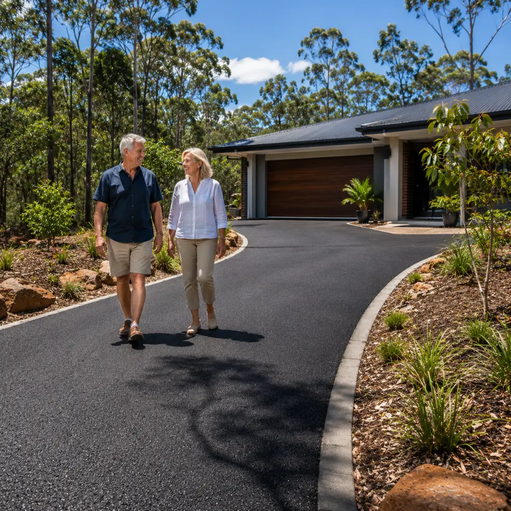Australian couple admiring professionally constructed Queensland asphalt driveway with excellent surface drainage.