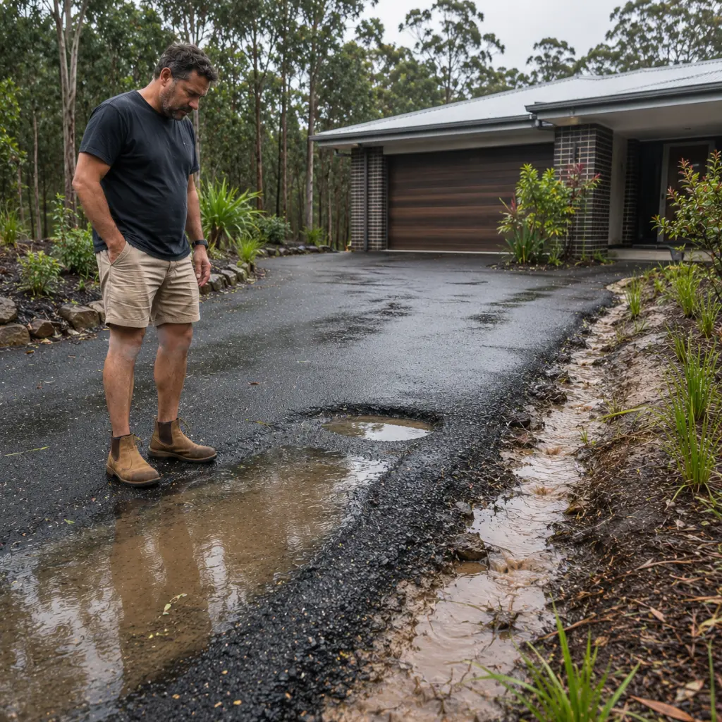 Australian homeowner inspecting rainwater pooling on settled Queensland asphalt driveway surface.