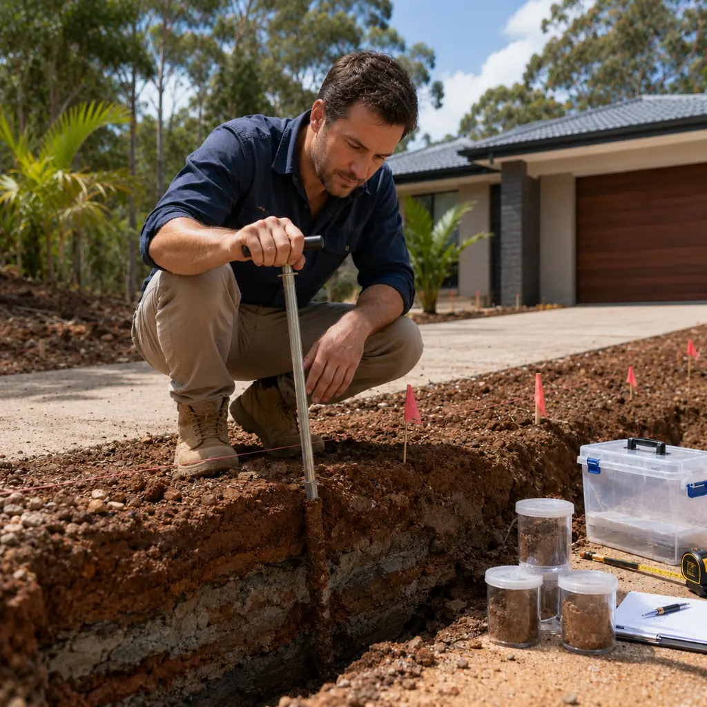 Australian engineer conducting soil testing before Queensland asphalt driveway construction begins safely.