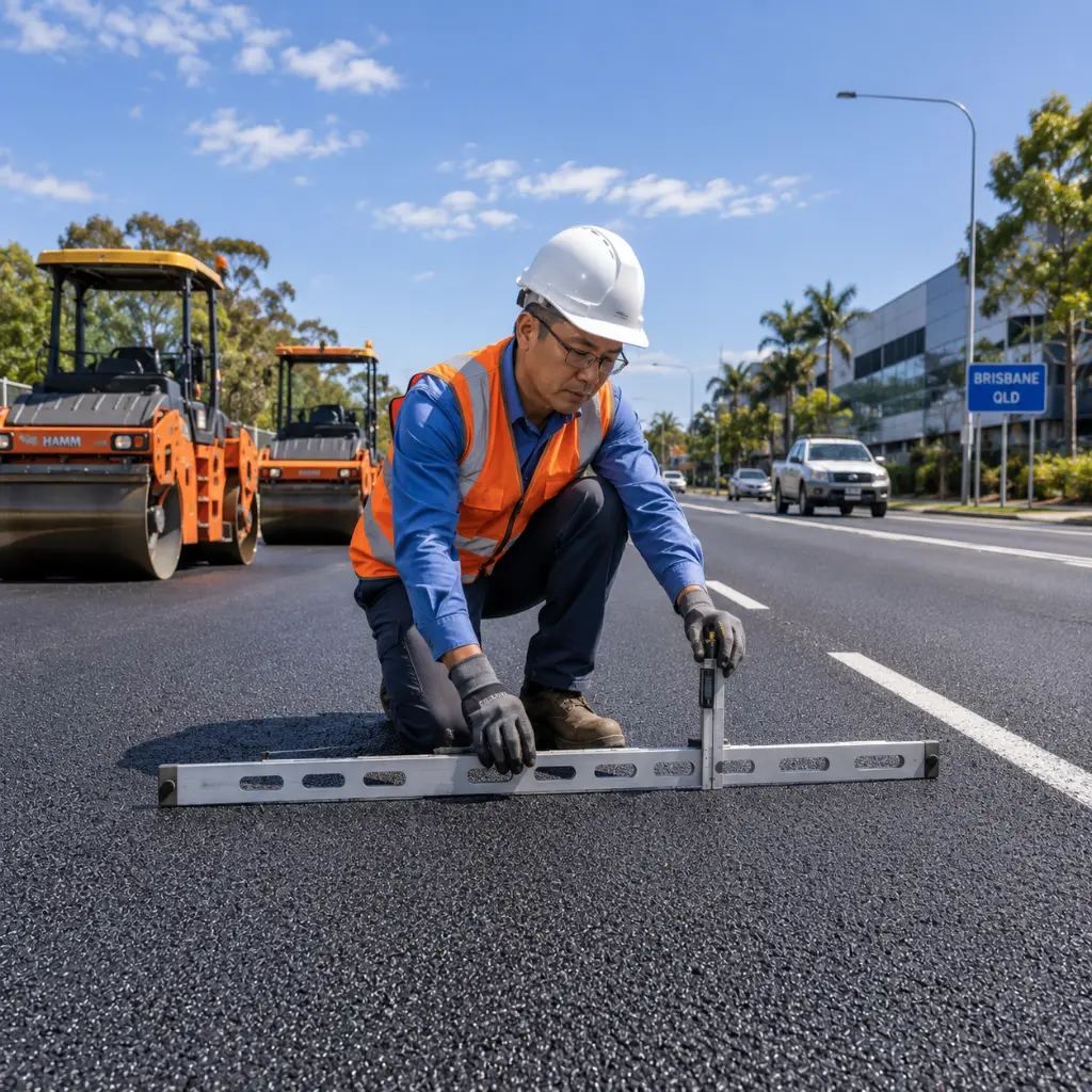 Civil engineer inspecting newly completed asphalt road after professional paving in Brisbane.
