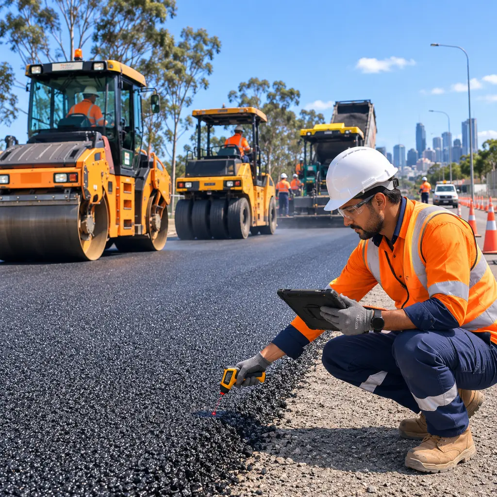 Engineer checking asphalt compaction during professional road paving in Brisbane, Australia.