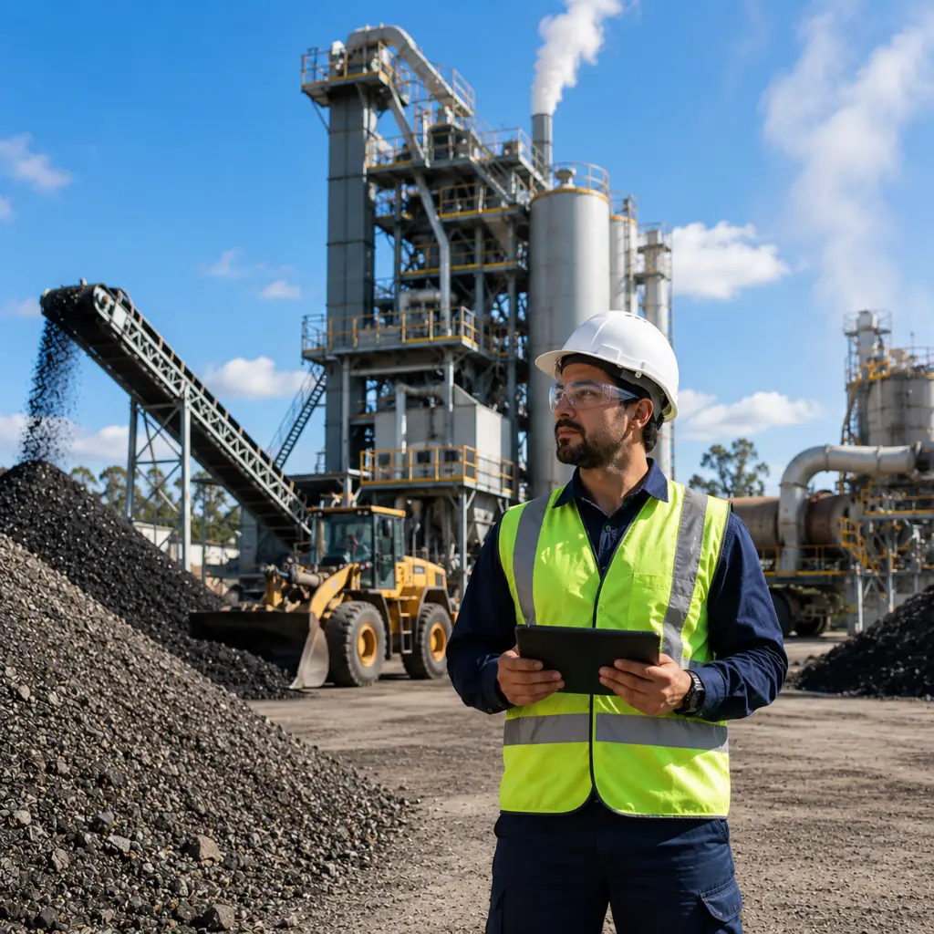 Environmental engineer inspecting sustainable warm mix asphalt production at asphalt plant.