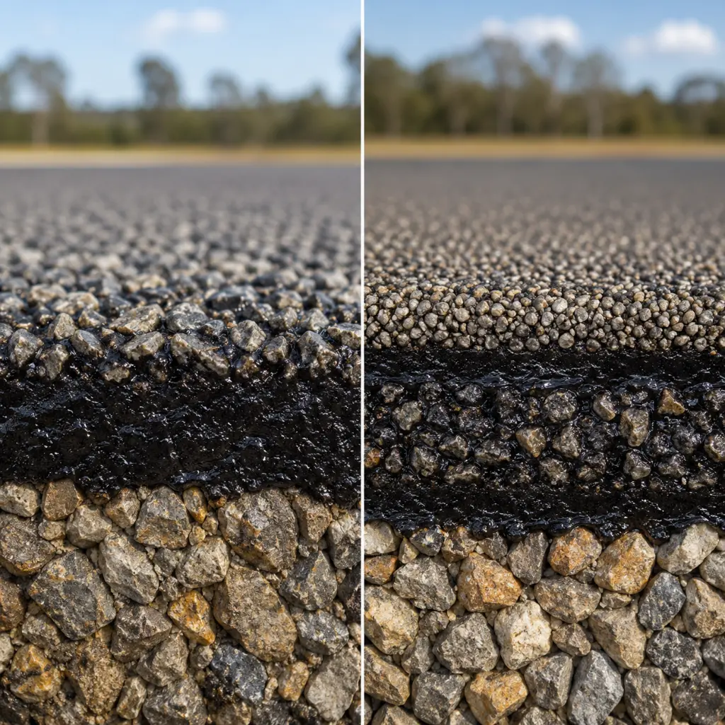 Comparison of completed single coat and two-coat bitumen spray seal surfaces.