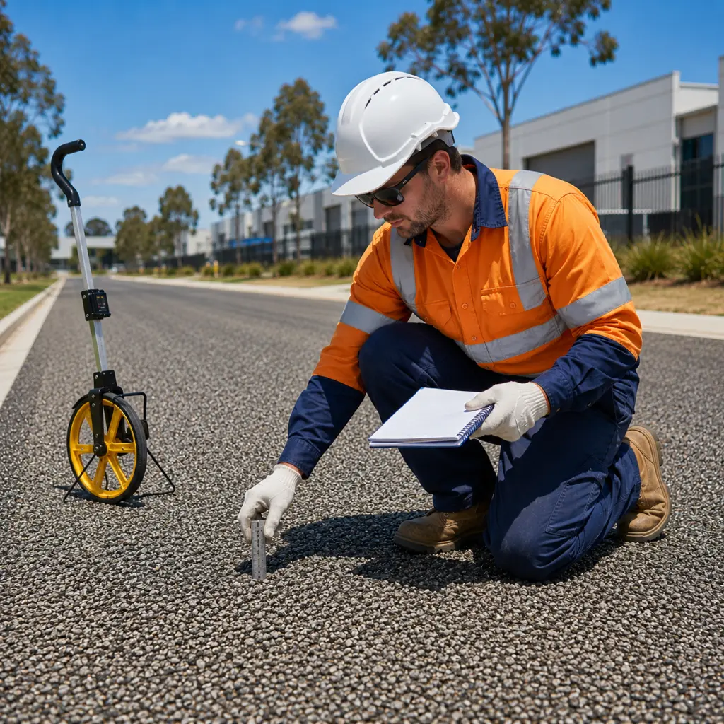Civil engineer inspecting newly completed two-coat bitumen spray seal surface quality.
