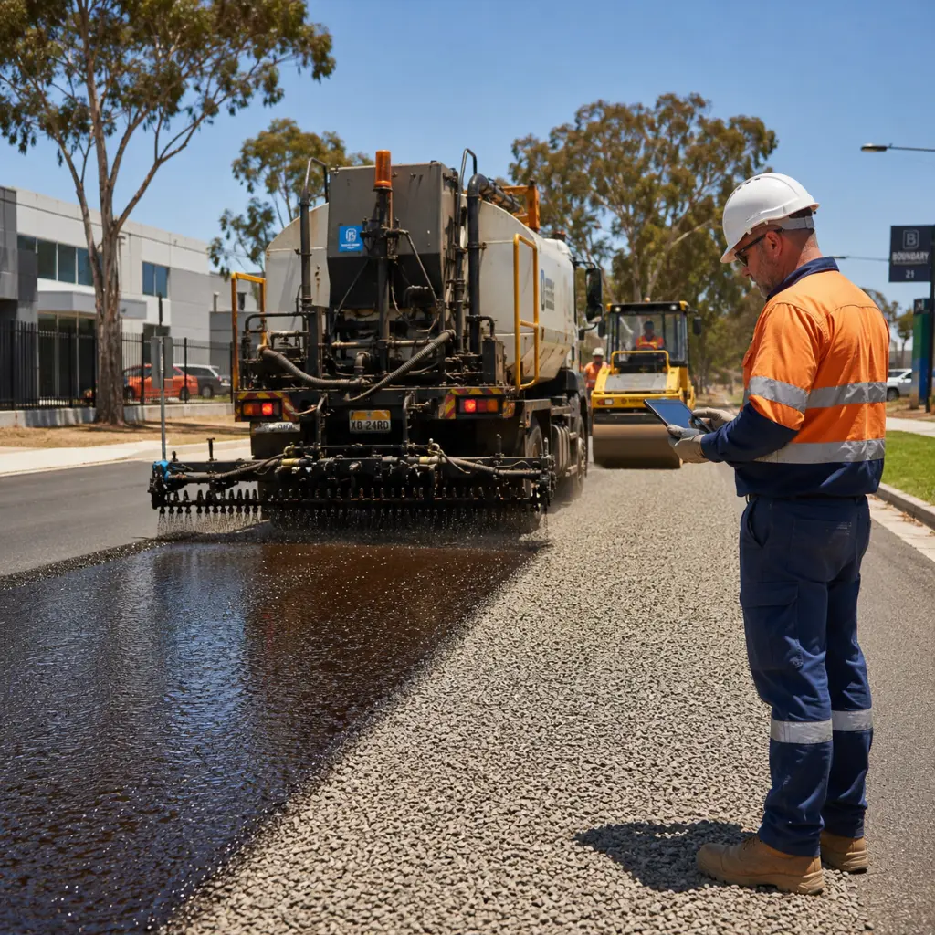 Contractor applying bitumen spray seal with fresh cover aggregate on Brisbane roadway.